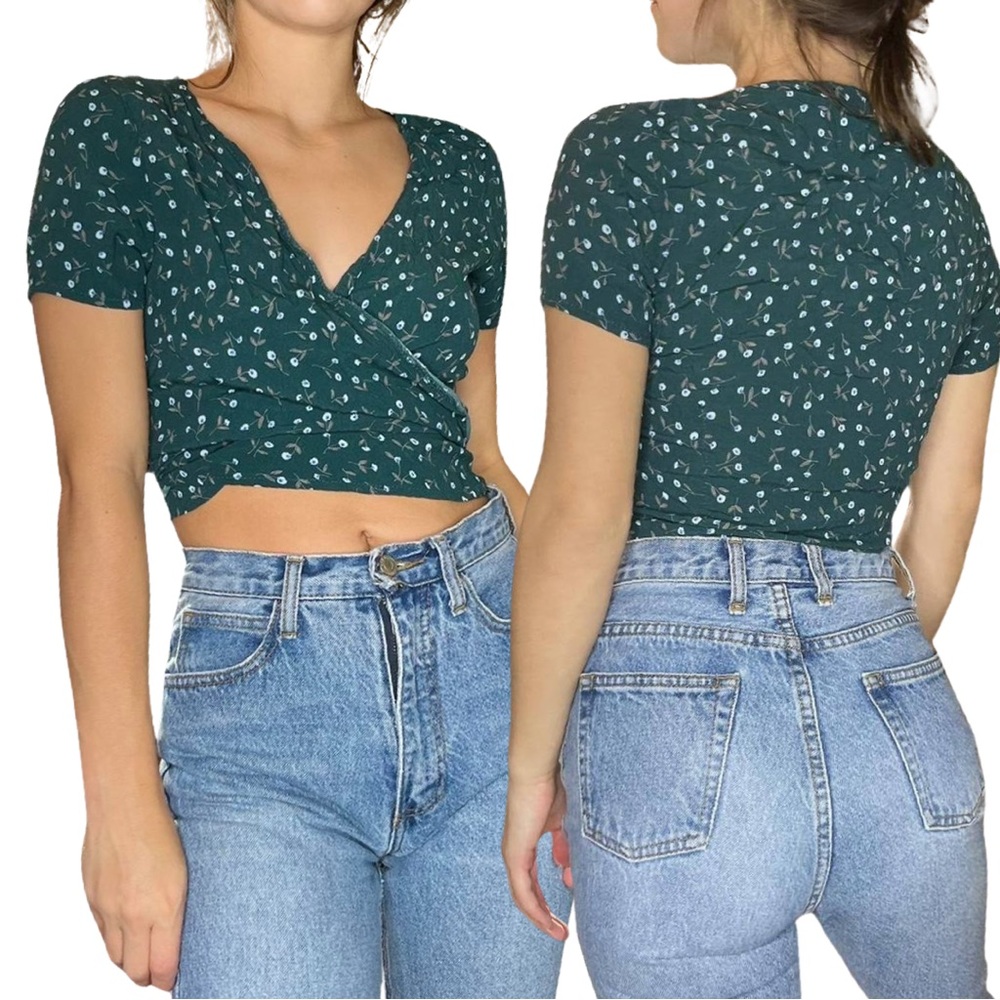Brandy Melville Dark Green Ditsy Floral Wrap Top Fall Sexy Blouse Cropped Shirt